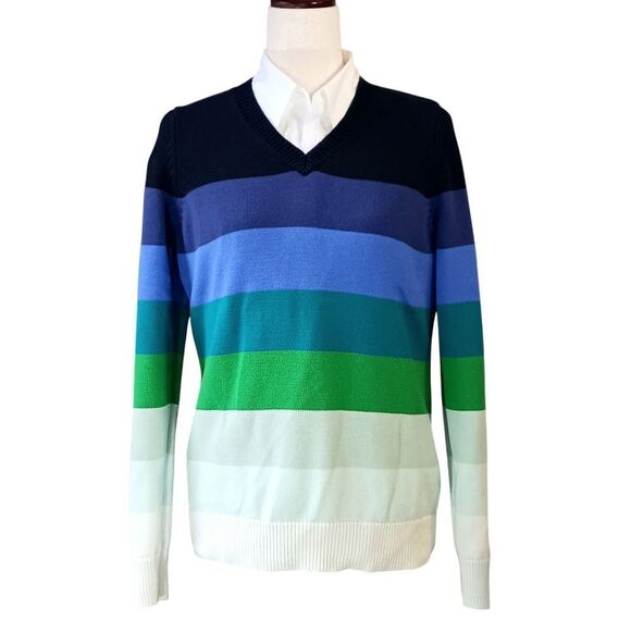 Liz Claiborne Sweaters - Vintage 90's Cotton Sweater Stripe Knit Colorblock V Neck White Size M Tall